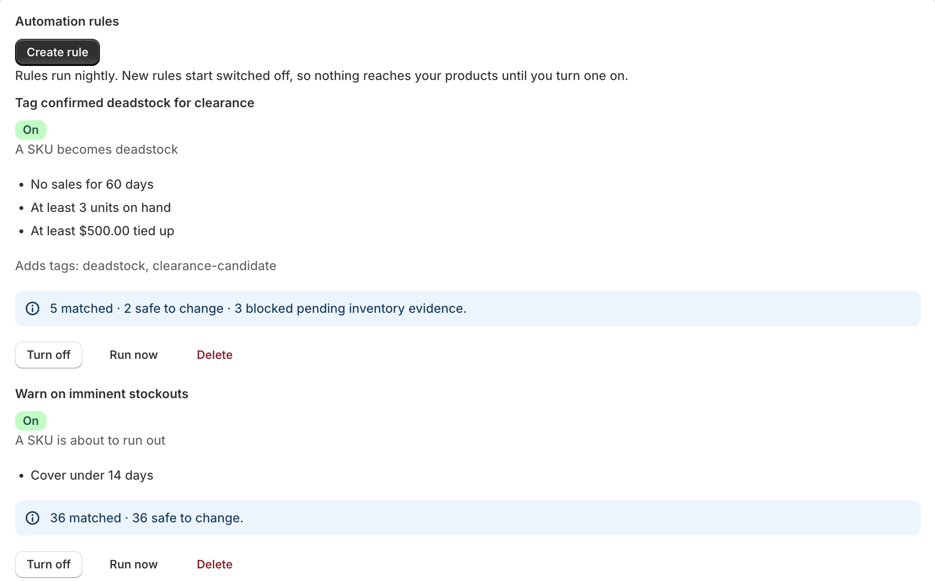 Deadstock Hero automation rules showing safety checks before Shopify tags are applied
